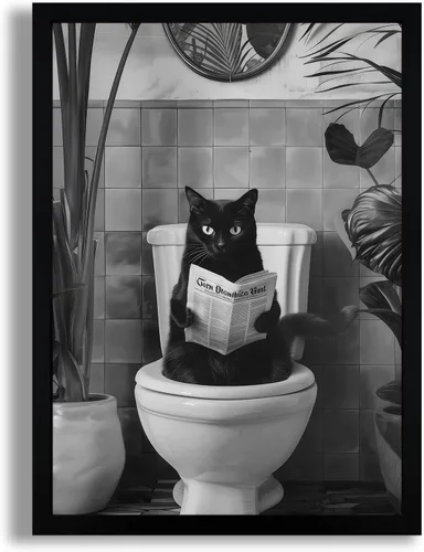 Vista 19 de SYWENNOI Arte de Pared en Lienzo Enmarcado en Blanco y Negro para Baño, Divertido Gato Negro Sentado en el Inodoro Leyendo Periódico Decoración