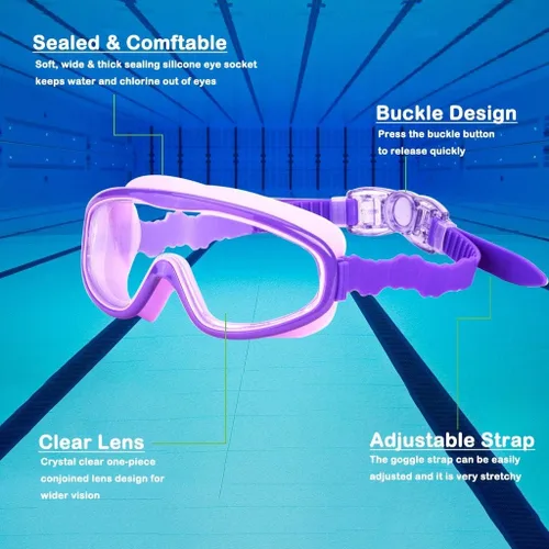 Vista 9 de KAILIMENG Gafas de natación para niños, paquete de 2 gafas de natación para edades de 3 a 15 años, antivaho y anti-rayos UV Cear de visión amplia