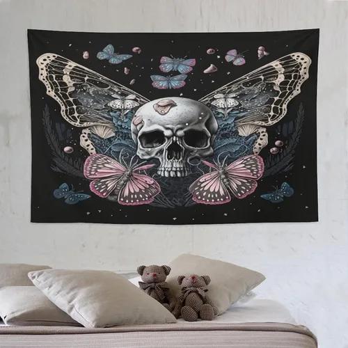 Vista 7 de Naykow Tapiz de calavera y mariposa, tapiz rosa trippy negro, tapiz de bruja gótica para dormitorio, decoración de habitación hippie de mariposa
