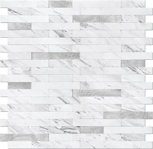 Vista 14 de STICKGOO Azulejo de protección contra salpicaduras para despegar y pegar, para cocina y baño, aspecto de madera negra y gris, PVC, mezcla de metal
