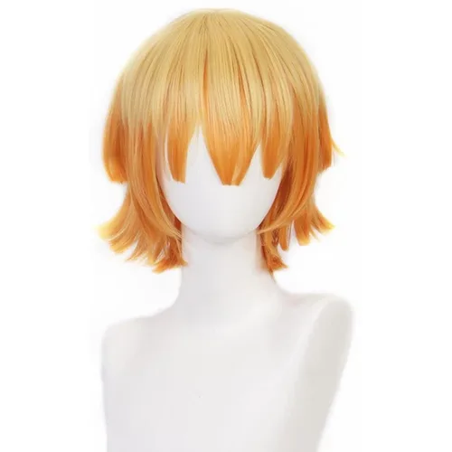 Vista 3 de Peluca corta naranja amarilla ombré peluca con flequillo peluca recta en capas para hombres y niños, peluca sintética anime cosplay peluca
