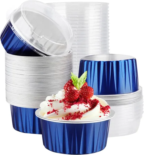 Vista 23 de EUSOAR Moldes desechables de papel de aluminio con tapas, 30 piezas de 5 onzas (4.2 fl oz) de papel de aluminio para magdalenas, tazas para hornear