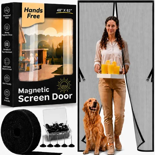 Vista 14 de Puerta mosquitera magnética manos libres, resistente, protector de malla de puerta de mosquitero autosellado, apto para mascotas y niños, hebilla