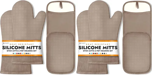 Vista 36 de HOMWE - Manopla de horno profesional y extralarga de silicona, guantes con forro acolchado, agarraderas resistentes al calor, guantes flexibles