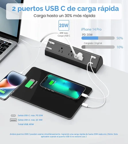 Vista 3 de Jgstkcity Regleta de alimentación con abrazadera de escritorio, estación de carga rápida total de 40 W, 2 puertos USB C PD de 20 W, protector