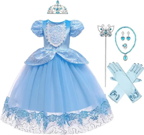 Vista 33 de Vestido de cumpleaños de princesa Cenicienta para niñas, disfraz de Halloween, concurso de Navidad, fiesta de baile con accesorios