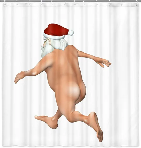Vista 3 de Divertida cortina de ducha de Navidad, linda cortina de ducha de Papá Noel desnudo corriendo loco para baño, moderna cortina de baño de tela