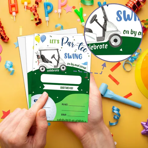 Vista 3 de Invitación de fiesta de cumpleaños temática de golf, invitaciones de relleno Let's Par-Tee para hombre y mujer, 20 invitaciones con sobres