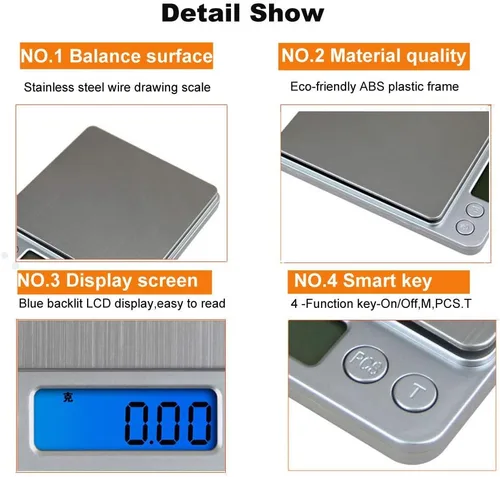 Vista 3 de Báscula digital de cocina, báscula de cocina multifunción de acero inoxidable de alta precisión, pantalla LCD retroiluminada, pequeña báscula