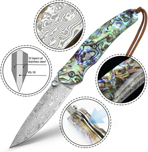 Vista 2 de NedFoss Cuchillo de bolsillo, cuchillo de bolsillo de damasco con mango de concha de abulón, cuchillo plegable de acero de Damasco forjado hecho a