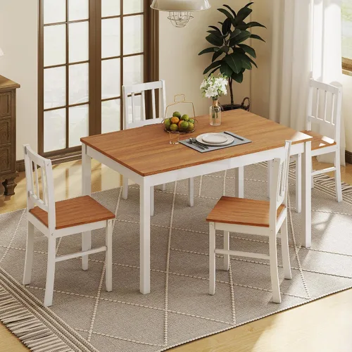 Vista 3 de Juego de mesa de comedor de 5 piezas para 4, juego de mesa de cocina rectangular de madera maciza con 4 sillas, juego de comedor de madera que