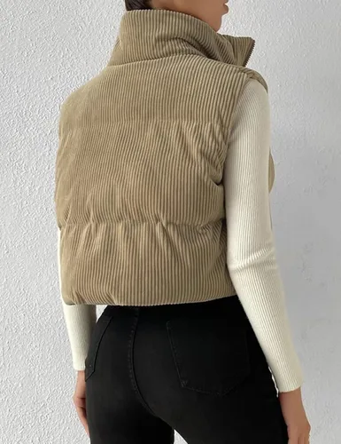 Vista 6 de Gihuo Chaleco acolchado de pana para mujer, con cuello alto, con cremallera, acolchado, sin mangas, chaleco