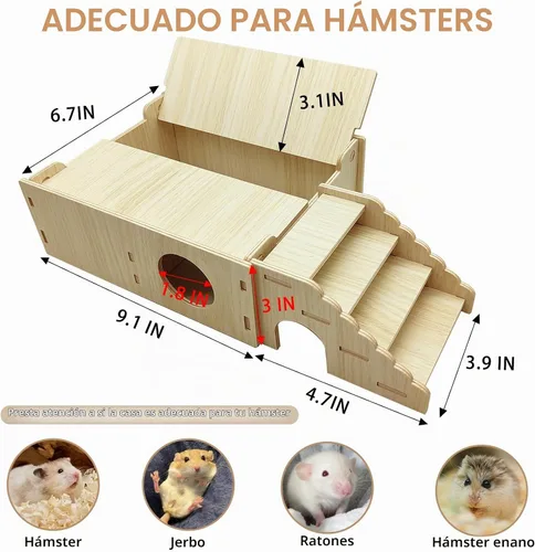 Vista 6 de Túnel de escondite de hámster de madera, casa multicámara, hámster enano, escondite, cabaña, laberinto, plataforma, hábitats exploradores, juguetes