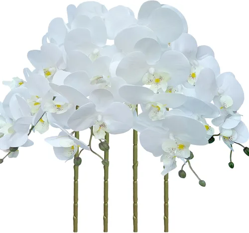 Vista 14 de FagusHome Phalaenopsis - Flores artificiales de 32 pulgadas, 4 piezas de orquídeas artificiales, plantas falsas para decoración del hogar (azul)