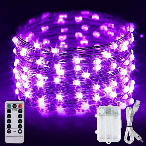 Vista 8 de Paquete de 2 luces negras UV, funciona con pilas, 16.4 pies 2835 luces LED UV, 8 modos, luces negras flexibles, luces de hadas con control remoto