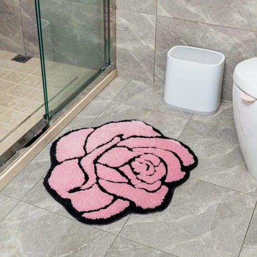 Vista 7 de Bonita alfombra de baño rosa para baño, antideslizante, absorbente, con forma de flor, alfombra de ducha esponjosa, decoración floral, alfombra