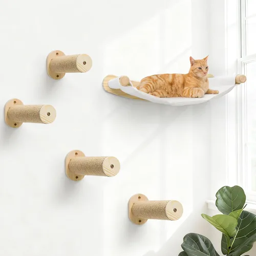 Vista 9 de Hamaca de pared para gatos, 2 estantes de escalada para gatos, estantes de pared grandes para cama y tabla rascadora para escalar, dormir, jugar