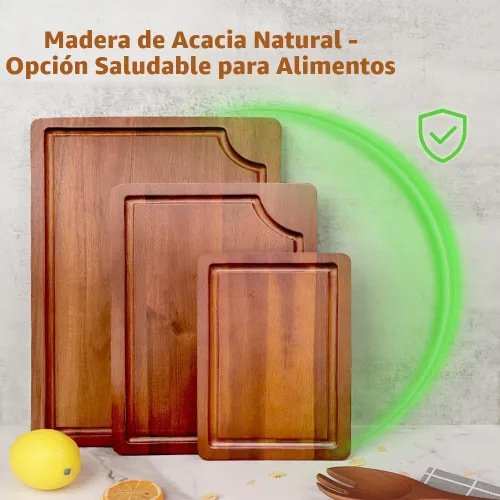 Vista 5 de AIDEA Tabla de cortar de madera de acacia, tablas de cortar para cocina con asa, juego de 3 para carne/verduras/frutas