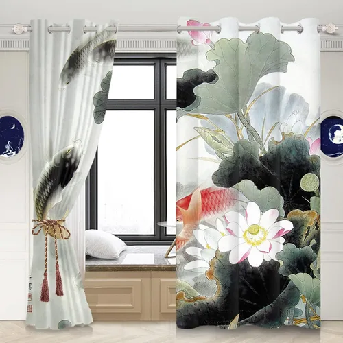 Vista 2 de Renaiss Cortinas de carpa para ventana, 29 pulgadas de ancho x 45 pulgadas de alto, pintura de tinta oriental, hojas de loto, lirio de agua negro