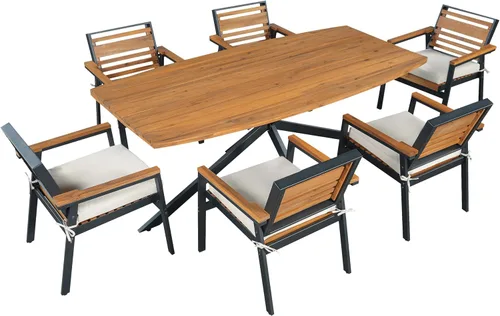 Vista 8 de Juego de comedor de patio al aire libre de 7 piezas, madera de acacia con marco de hierro, mesa rectangular para todo tipo de clima y 6 sillas
