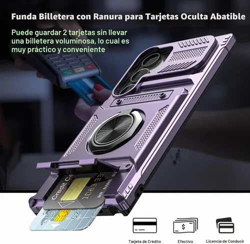 Vista 2 de Vofolen Funda para Samsung Galaxy S23 Ultra con tarjetero [almacena 2 tarjetas] + soporte de anillo giratorio de 360° de doble capa resistente a