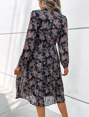 Vista 7 de HAOKEKE Vestido de gasa de manga larga para mujer, vestido de gasa retro con cuadrícula marrón, botones plisados, lazo hacia abajo, vestido de mujer