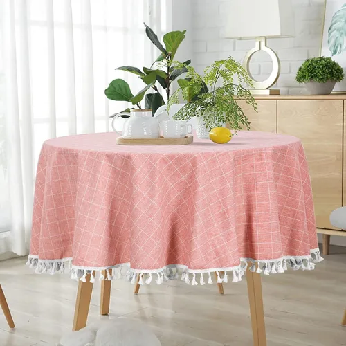 Vista 9 de ShinyBeauty Mantel Redondo Rosa Bebé de 55 Pulgadas Mantel Gingham Rosa a Cuadros Mantel de Mesa de Algodón para Mesa Redonda Mantel a Cuadros Rosa