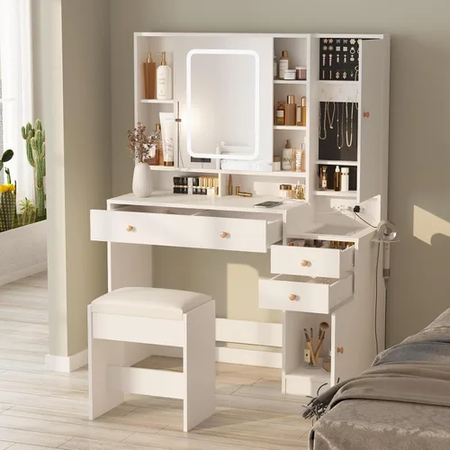 Vista 3 de Halitaa Escritorio de tocador con espejo y luces, mesa de tocador con parte superior de cristal, tocador de maquillaje con luces, estación de carga