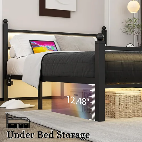 Vista 6 de Jenmit - Estructura de cama de tamaño completo con estación de carga y luces LED, estructura de cama de plataforma metálica con cabecera y pie