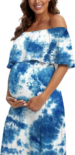 Vista 6 de Vestido largo de maternidad con volantes y hombros descubiertos, vestido largo y fluido para baby showersesión de fotos