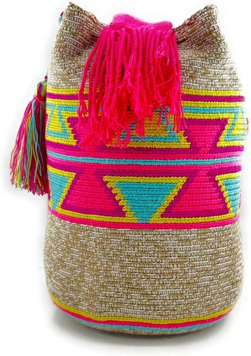 Vista 2 de Bolsos Colombianos, Mochila Wayuu, 100% Original Colombiano Algodón Bolso Cubo hecho a mano.