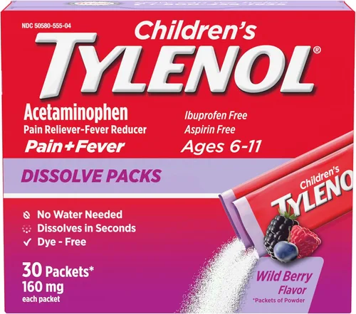 Vista 10 de Tylenol para niños en polvo con 160 miligramos de acetaminofeno, alivia el dolor y reduce la fiebre, paquetes de disolución para aliviar