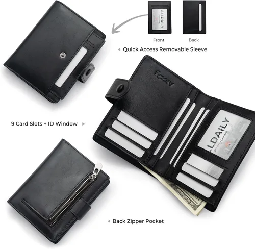 Vista 2 de Alldaily Cartera pequeña de piel con bloqueo RFID para mujer, plegable con 10 ranuras para tarjetas y bolsillo con cremallera, Negro, Pequeña