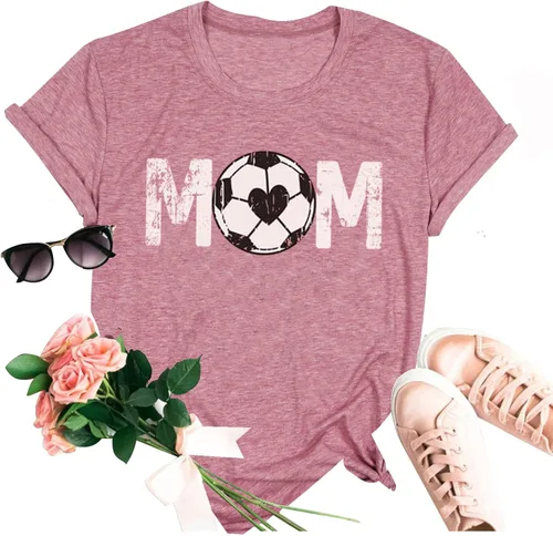 Vista 6 de Camiseta de fútbol para mujer, camiseta de fútbol para el día del juego, camiseta gráfica impresa con letras para mamá, pelota de fútbol, camiseta