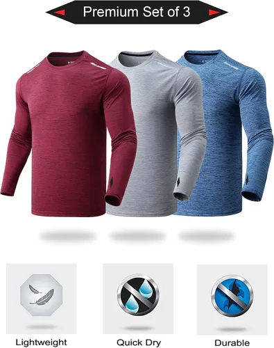 Vista 7 de Paquete de 3 camisetas de manga larga para hombre ajuste seco casual senderismo rendimiento atléticas activas con agujeros para el pulgar