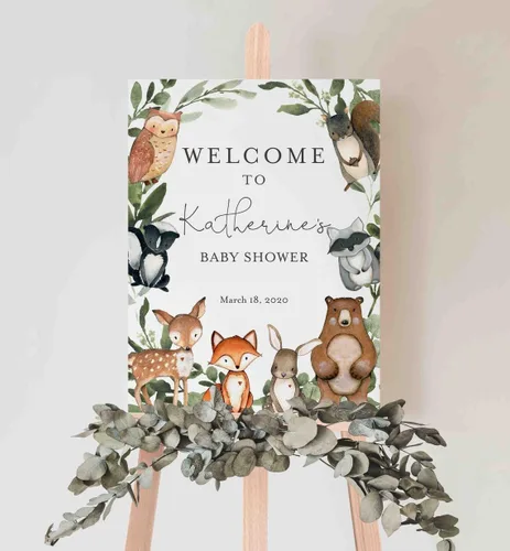 Vista 16 de Cartel de bienvenida de baby shower, cartel de bienvenida editable con texto en inglés "It's a Girl Woodland", letrero de bienvenida de baby shower