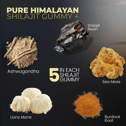 Vista 4 de Gomitas Shilajit orgánicas, musgo marino, Ashwagandha, más de 105 minerales traza - Raíz de bardana orgánica y Hongo Melena de León - Blue Razz