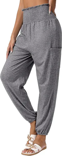 Vista 3 de Locoowai 2 piezas de pantalones de harén para mujer, pantalones de yoga con cintura fruncida, pantalones hippie, ropa bohemia con bolsillos