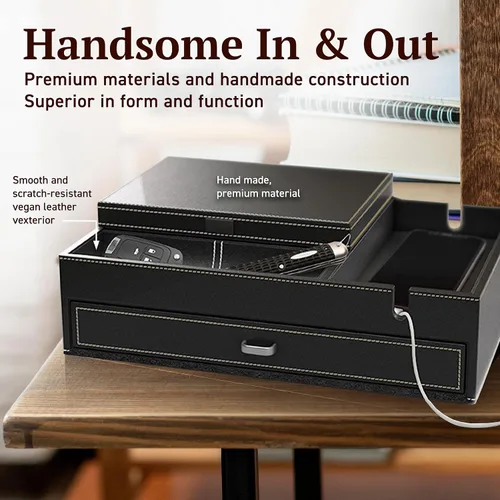 Vista 4 de HOUNDSBAY Admiral Dresser Valet Box y organizador de joyero para hombre, organizador de caja de reloj para hombres con estación de carga grande
