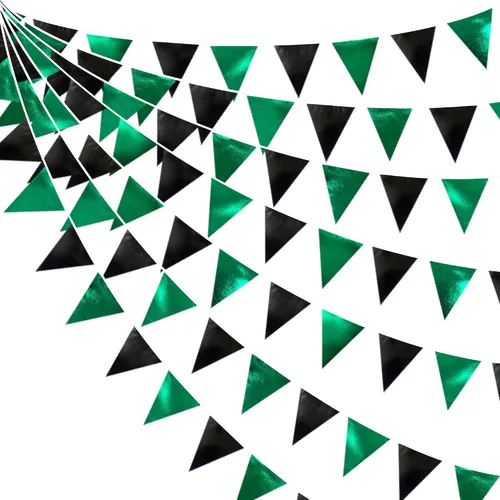 Vista 46 de Banderín de color verde azulado y aguamarina en forma de triángulo, bandera de tela metálica oscura, banderines de guirnalda de algodón