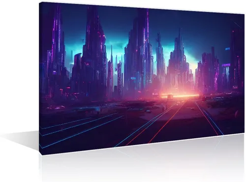 Vista 7 de 1 panel de cuadros de la ciudad de Cyberpunk, arte de pared, representación de vallas publicitarias, edificios modernos en la capital con obras
