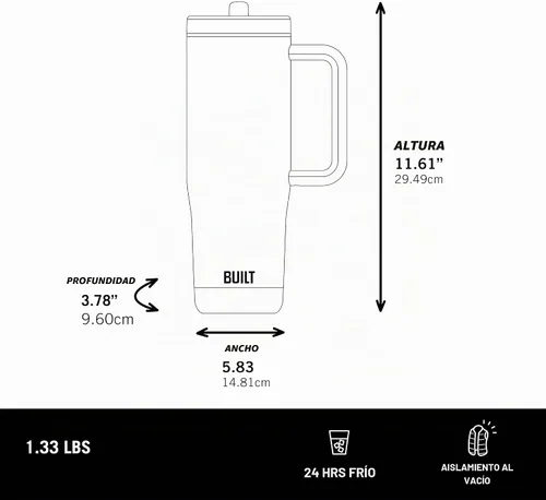 Vista 3 de Built Cascade - Vaso aislado con pajilla, 40 onzas, color negro