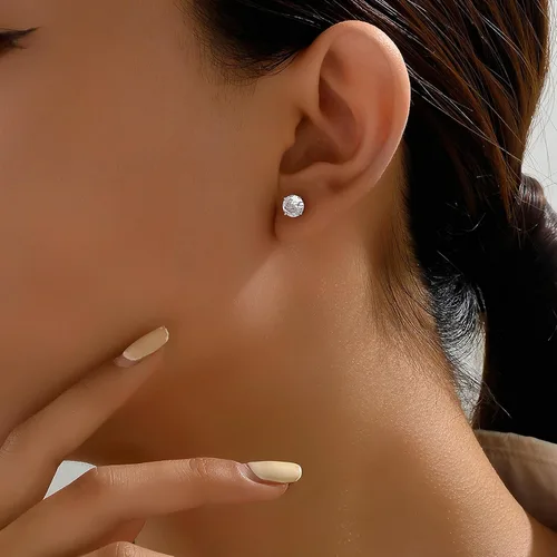 Vista 6 de Aretes tipo dormilona de plata de ley 925 con circonita cúbica para mujeres y hombres, chapados en oro blanco de 14 quilates, hipoalergénicos