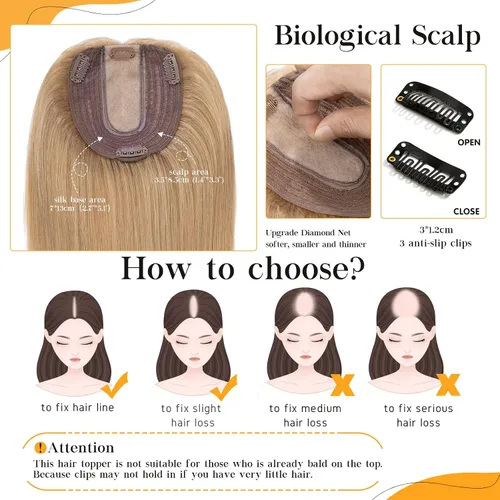 Vista 2 de S-noilite Toppers para el cabello para mujer, sin flequillo, #27 rubio oscuro con clip, piezas de cabello para mujeres con cabello delgado, base
