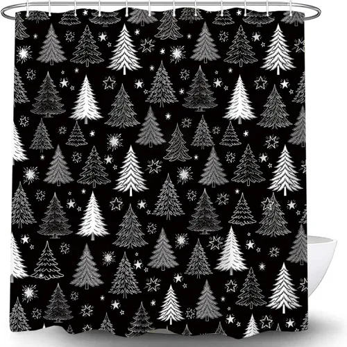 Vista 7 de Cortina de ducha con diseño de árbol de Navidad, color negro y blanco, diseño de árbol de Navidad retro, copo de nieve, diseño de pino de Año Nuevo