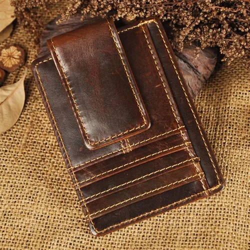 Vista 2 de Le'aokuu - Funda para tarjetas de crédito con imán y clip de piel auténtica, Café RFID), W1015