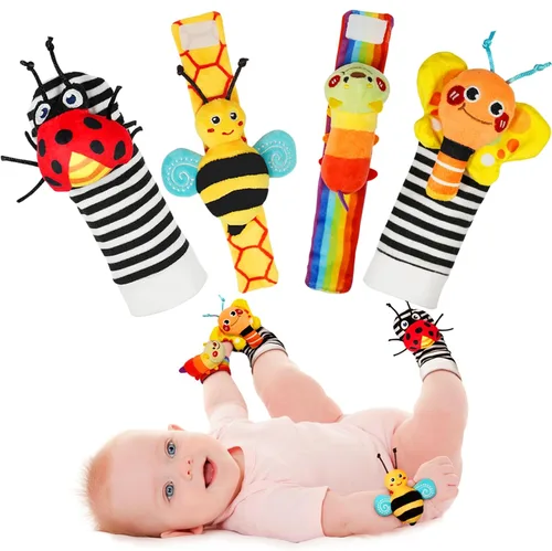 Vista 8 de Infinno Juego de calcetines con sonajero y brazalete para bebés de alto contraste, juguetes sensoriales ideales para bebés recién nacidos de 0 a 12