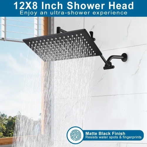 Vista 2 de ALL METAL - Cabezal de ducha de lluvia negro mate, cabezal de ducha grande de acero inoxidable de 12 pulgadas con brazo de extensión ajustable
