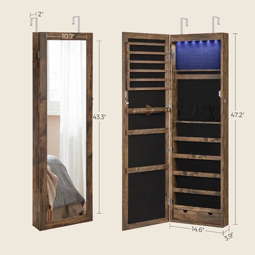 Vista 6 de SONGMICS - Gabinete organizador de joyas con 6 luces LED, para montar en la pared o en la puerta, de 47.3pulgadas de alto, con espejo y 2 cajones