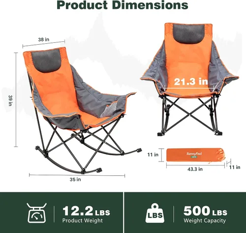 Vista 3 de SUNNYFEEL Silla Mecedora de Camping, Reclinable Acolchada de Lujo, Silla Plegable de Jardín de Gran Tamaño con Bolsillo, Resistente para Naranja